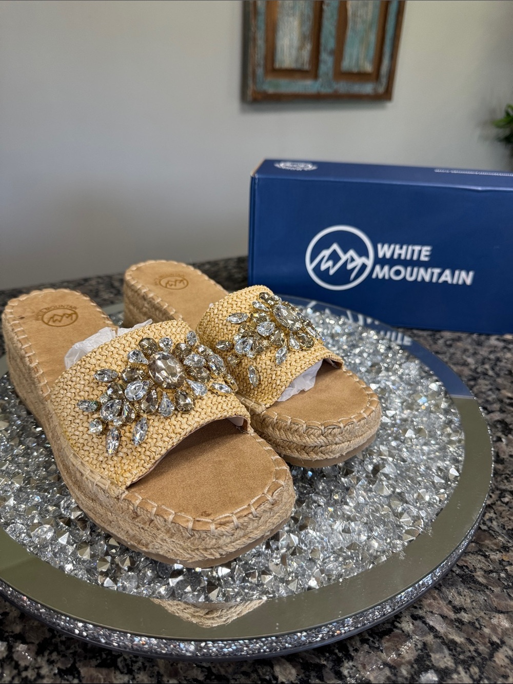 White Mountain Stitch Jeweled Woven Slide platform Sandals NEW 9